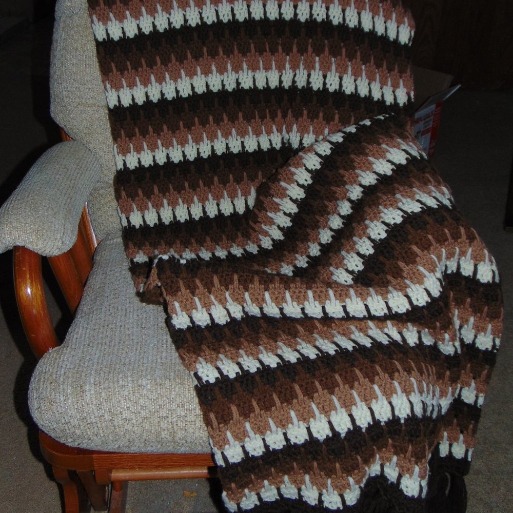 Vintage Afghan, Handmade, Shades of Brown, Beige and Ivory, 60 x76